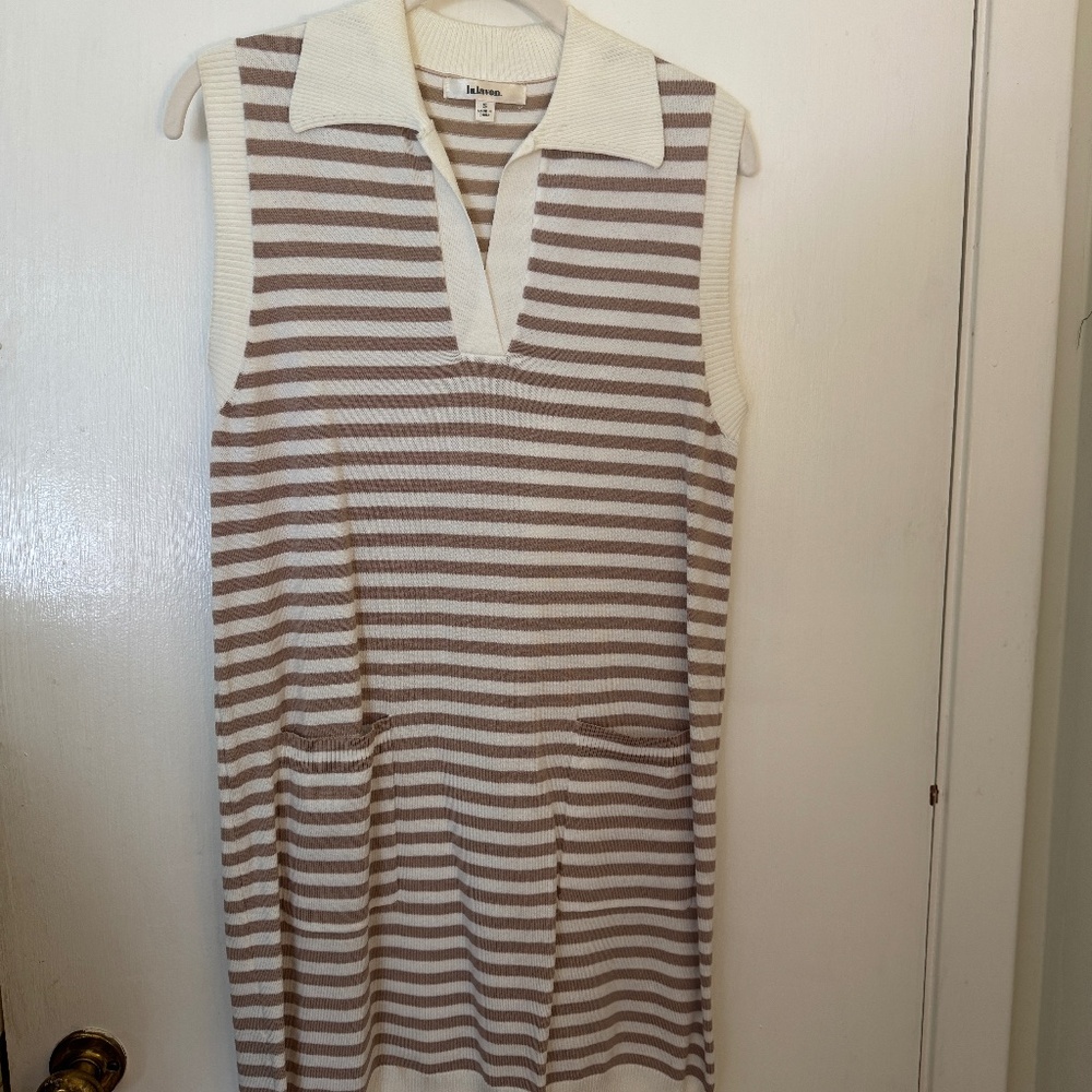 Tan and white striped knit polo dress
